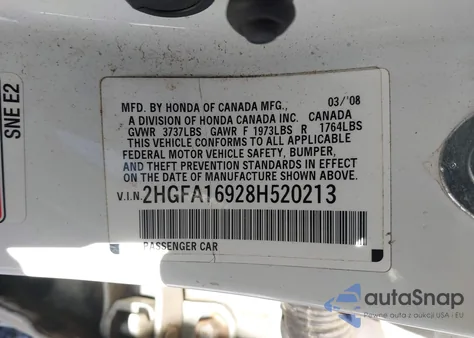 2008 Honda Civic Ex-L z USA, uszkodzony, nr VIN 2HGFA16928H520213